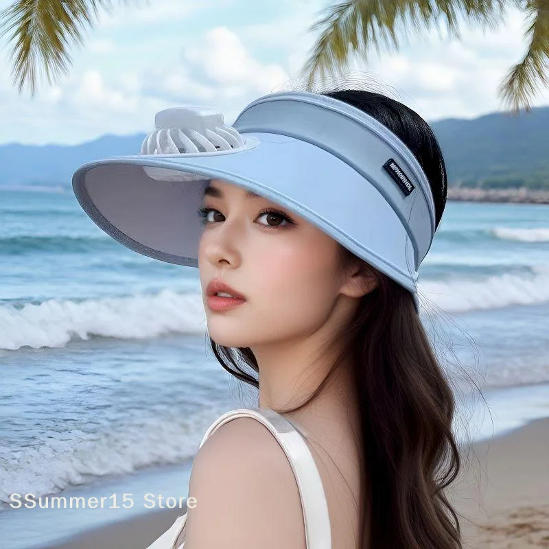 【R】Wide Brim Sun Hat With Fan Breathable Solar Powered Fan Outdoor Visor Hat Empty Top Sunshade Beach Sunshade Hat Women