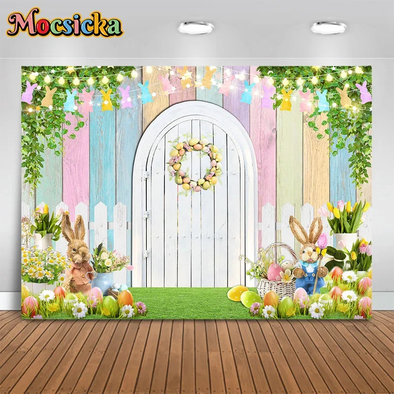 

Mocsicka Easter Photography Background Bunny Toy Rainbow Wooden Board Backdrop White Arch Kids Portrait Studio Banner Props