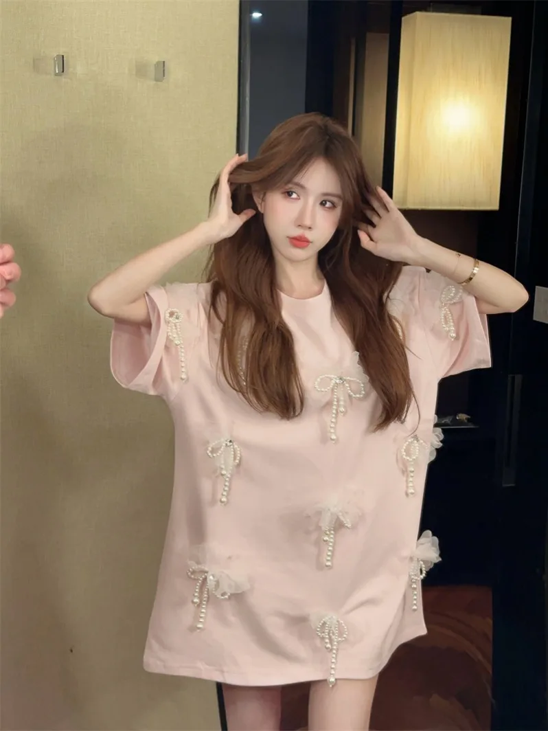 Lato kobiety 3D muszka perły zroszony frędzle t-shirty luźne średniej długości diamenty zroszony kwiaty z frędzlami Tees sukienka swetry topy