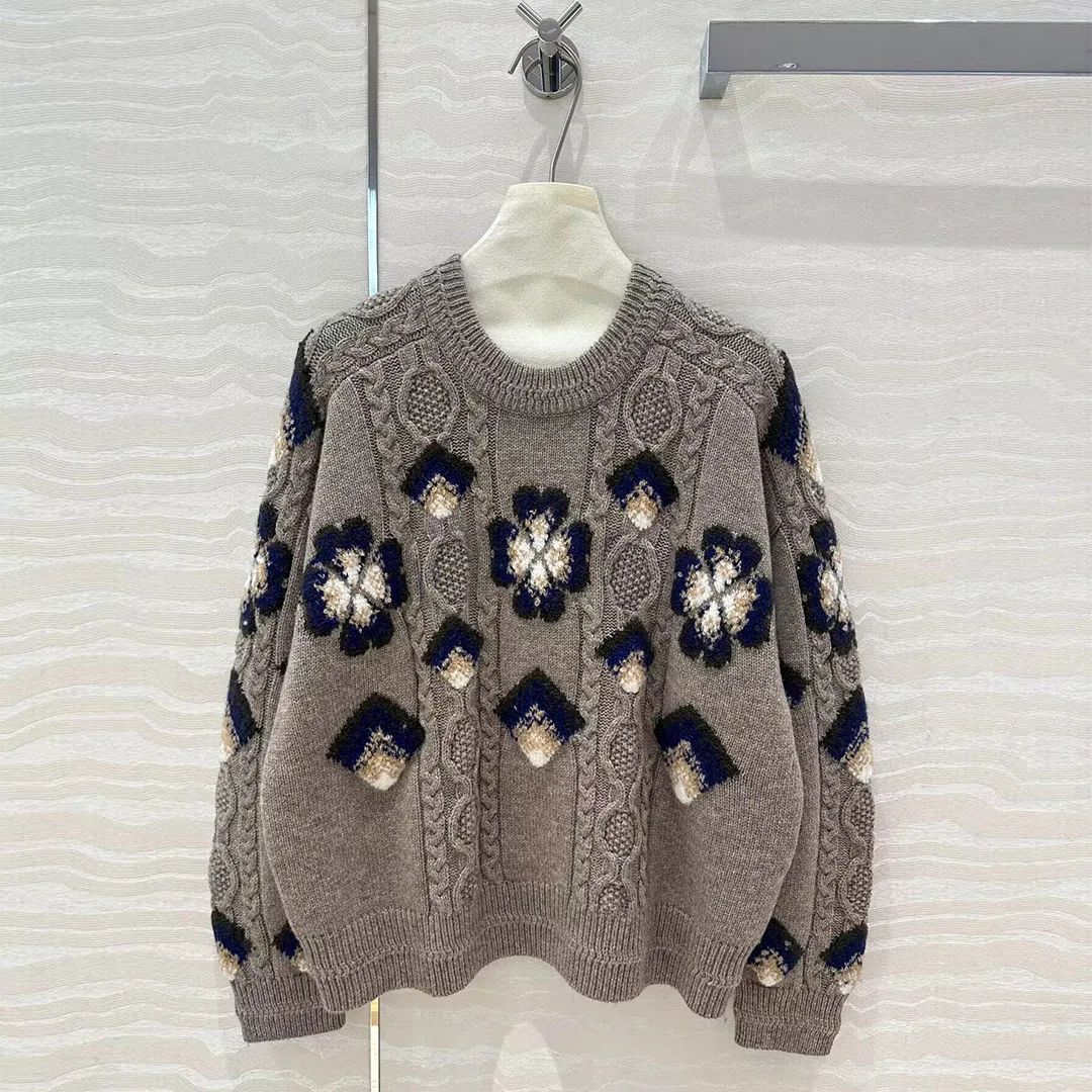 New Autumn Fashion Luxury Wool Silk Knitting Pullover Women Twist Geometric Crochet O-neck Long Sleeve Casual Loose Sweater