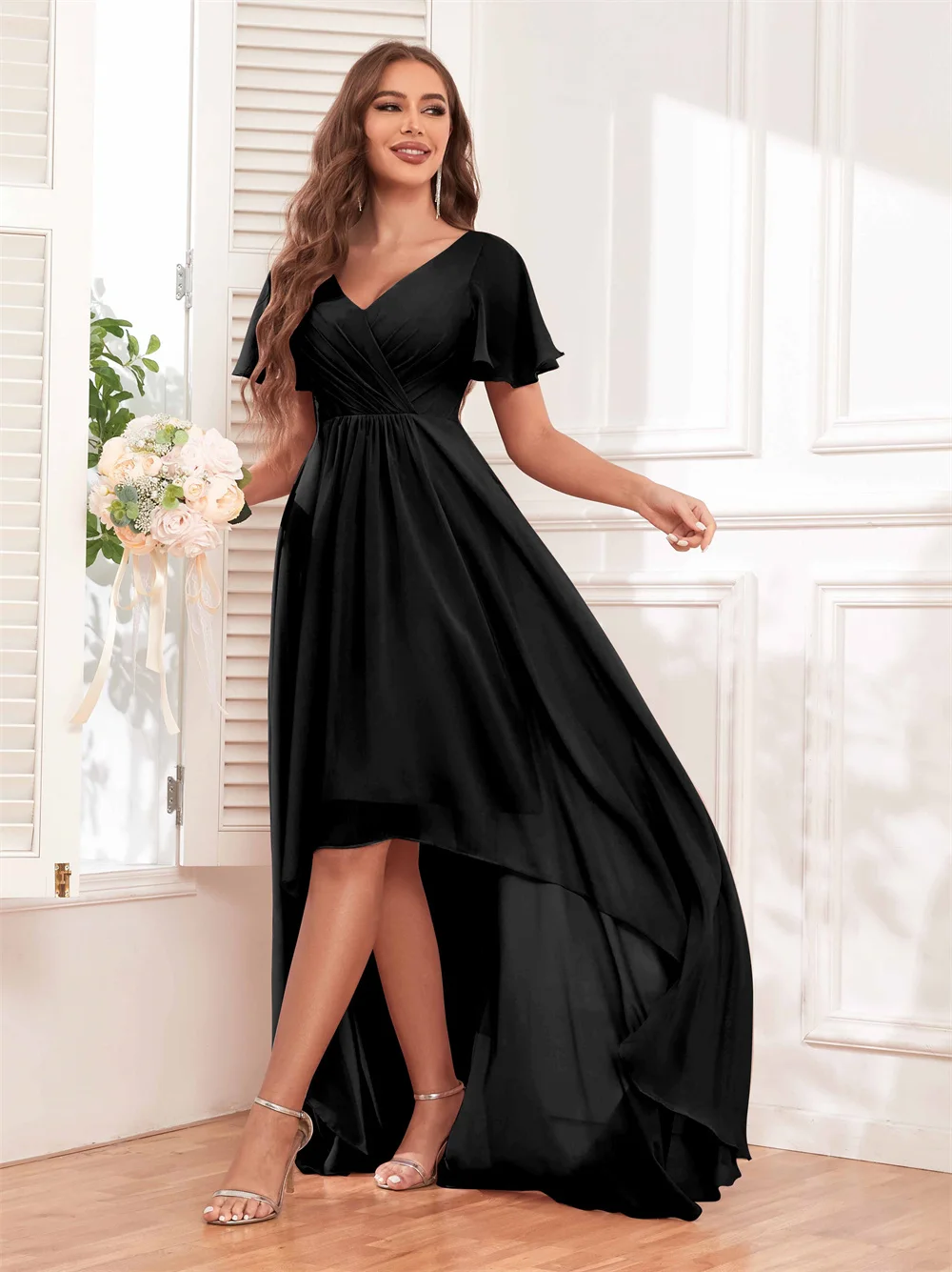 Off the Shoulder V-neck Chiffon Bridesmaid Dress Short Ruffles Sleeves Evening Gowns Pleated Corset A-line High-Low Formal Party