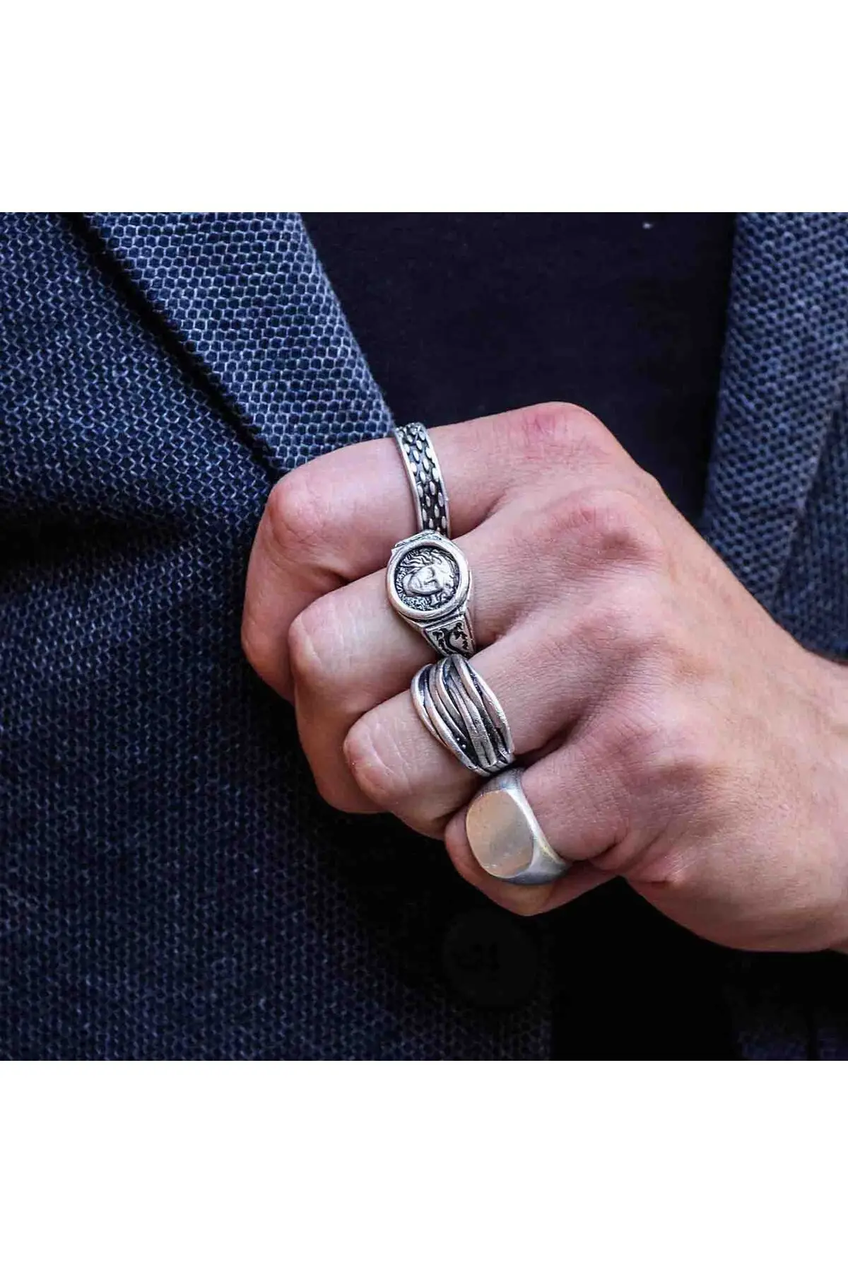 

4 Pieces Silver Plated Adjustable Model Men's and Women's Medusa Ring Set