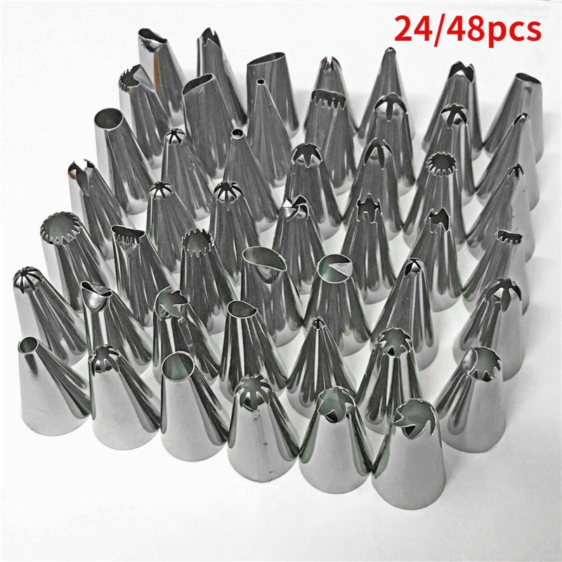 24/48 pcs Stainless Steel Nozzle Tips DIY Cake Decorating Tool Icing Piping Cream Pastry Bag Nozzle Kitchen Bakery Tool