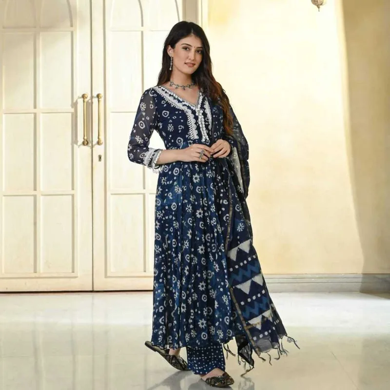 Indian Women Summer Wear Indigo Blue Print Cotton Salwar Suit Kurti Pant Dress