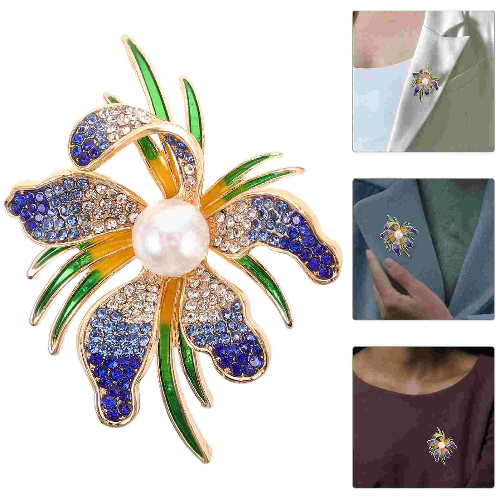 

Orchid Brooch Pins Exquisite Blue Flower for Women Rhinestone Artificial Pearl Brooches Man