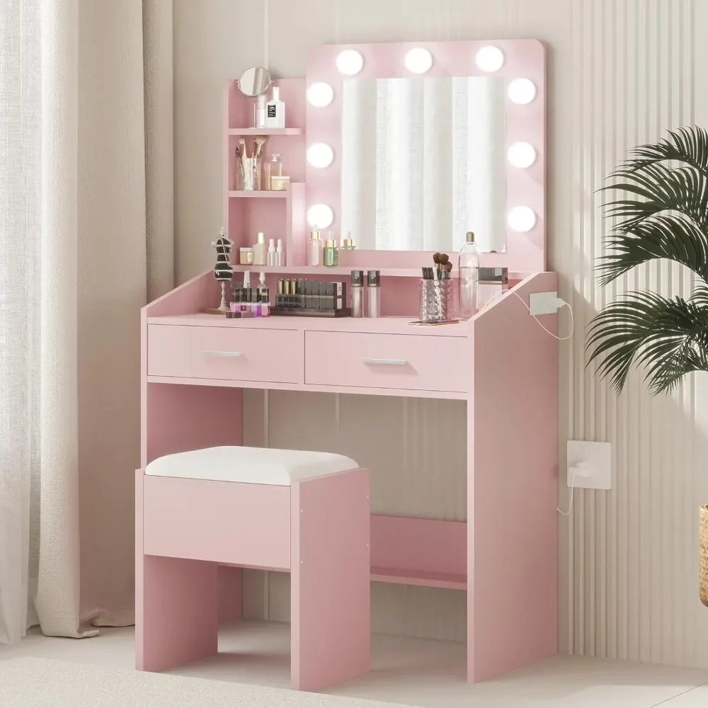 

Vanity Desk with Mirror and LED Lights, Makeup Vanity Desk with Power Outlet and Cushioned Stool, Dressing Table, Pink