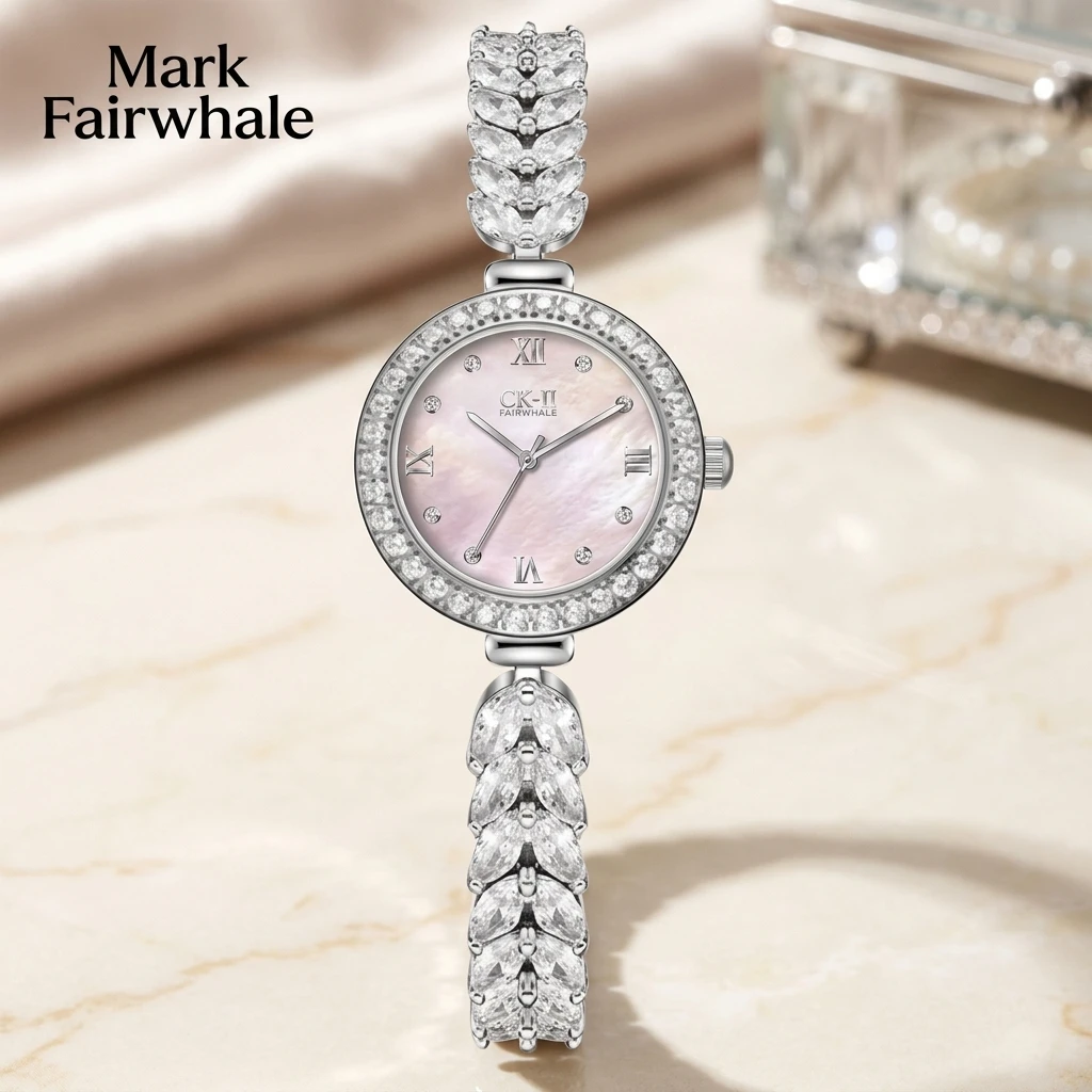 Mark Fairwhale Ladies Quartz Watch Round Mother of Pearl Dial Crystal Paved Bezel Fish Tail Bracelet Female Wristwatch