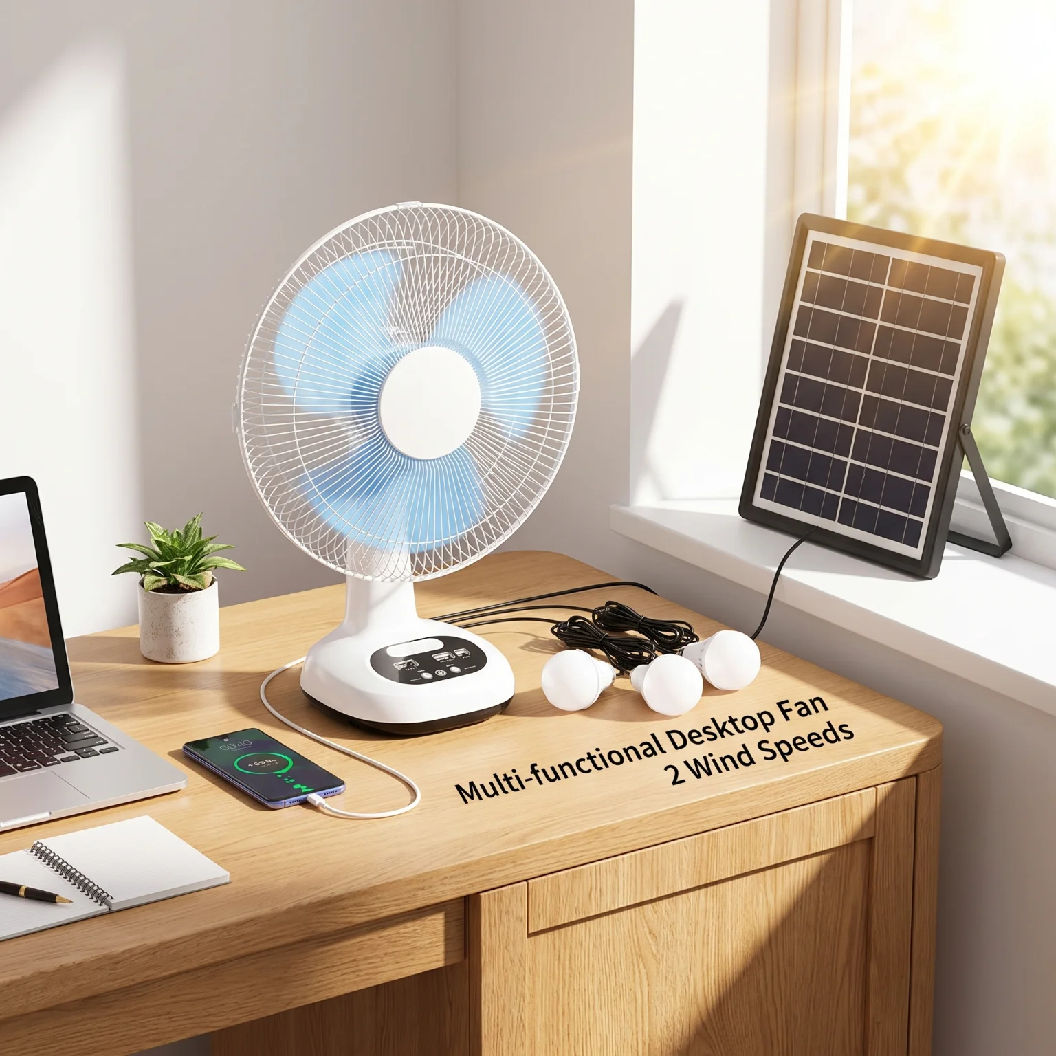 Solar Powered Fan Set With LED Bulbs 6V 4500mAh Rechargeable Desk Fan 18W Copper Motor 2 Speed Wind Portable Cooling Fan Built In Battery Power Bank Function With 9V 3W Solar Panel For Outdoor Camping Home Emergency Lighting