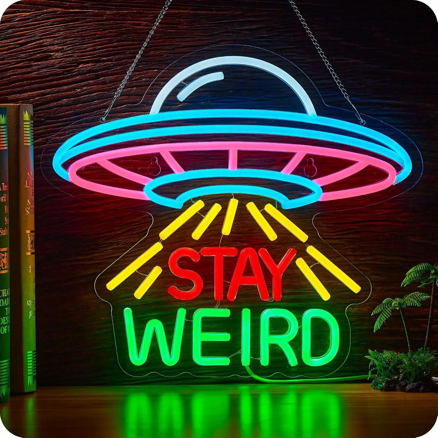 Stay Weird UFO Neon Sign USB Dimmable LED Neon Light for Bedroom Game Room Man Cave Porch Colorful Neon Wall Art Creative Gift