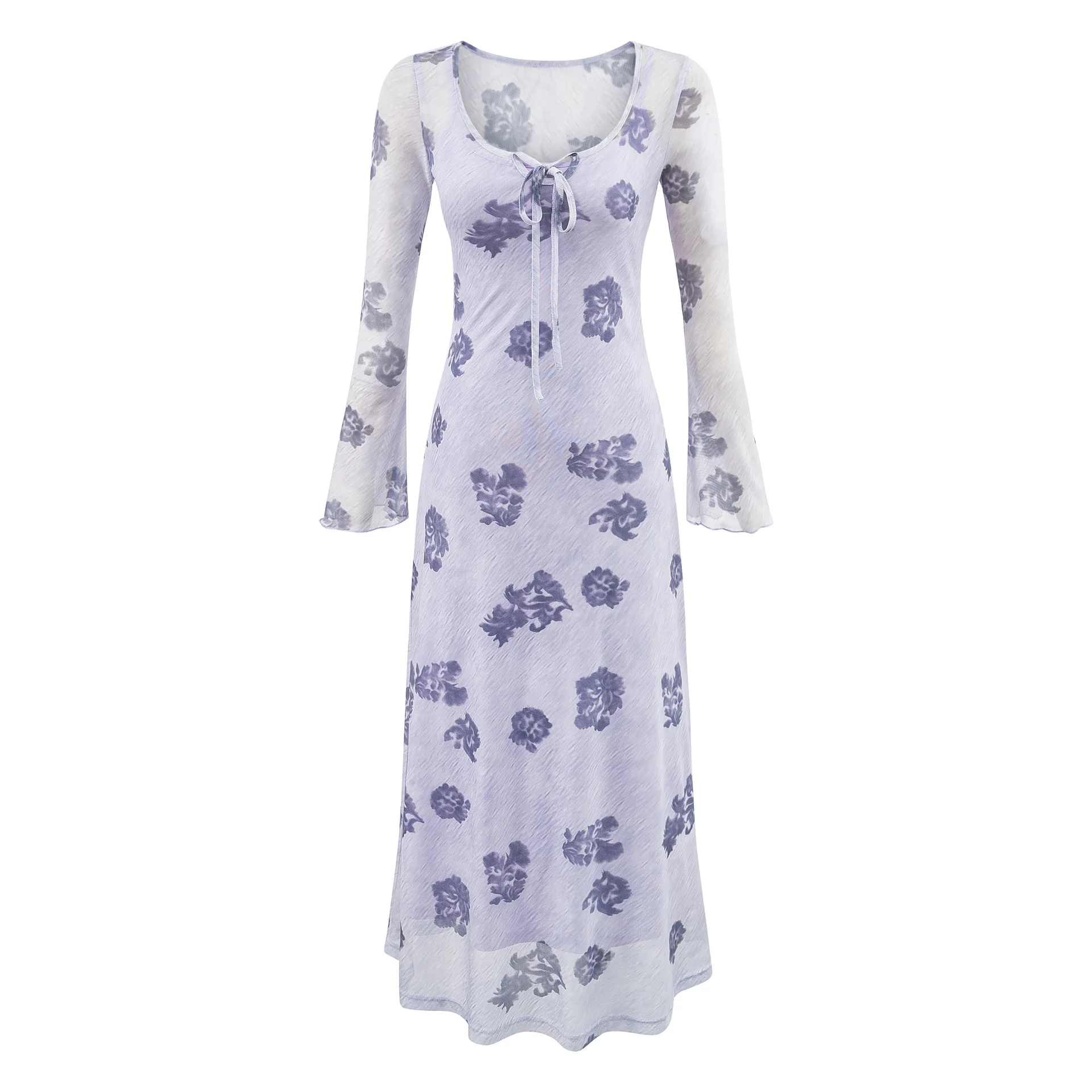 

New American Casual Style Transparent Mature Elegant Dress Long Dress Printed Square Neck Slim Dress For Woman Pure Desire JB4A