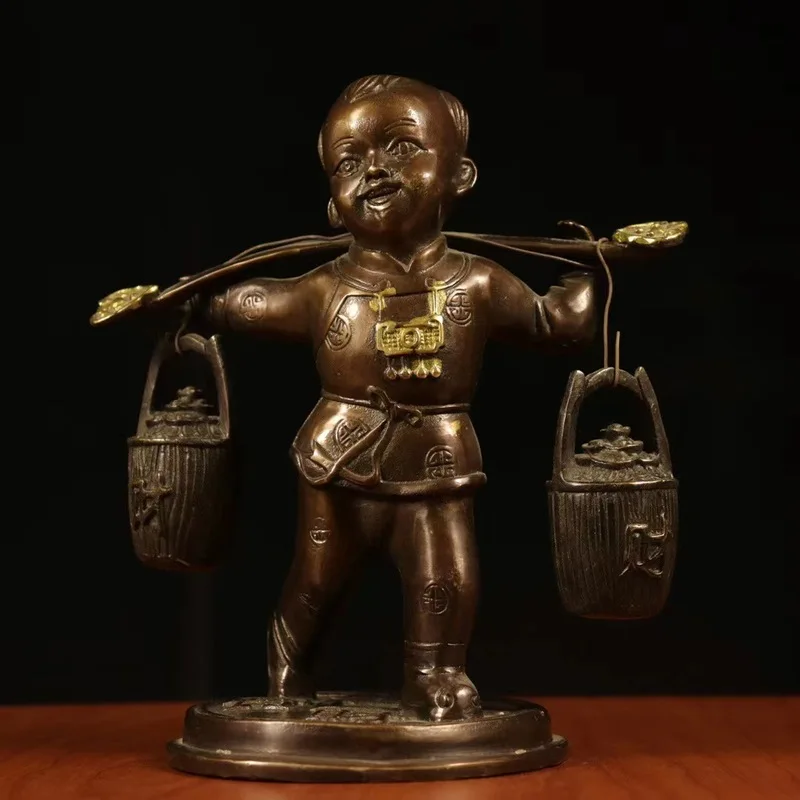 Red copper gilded fortune boy figurine, a decorative piece for home and office, a boy who brings wealth and prosperity
