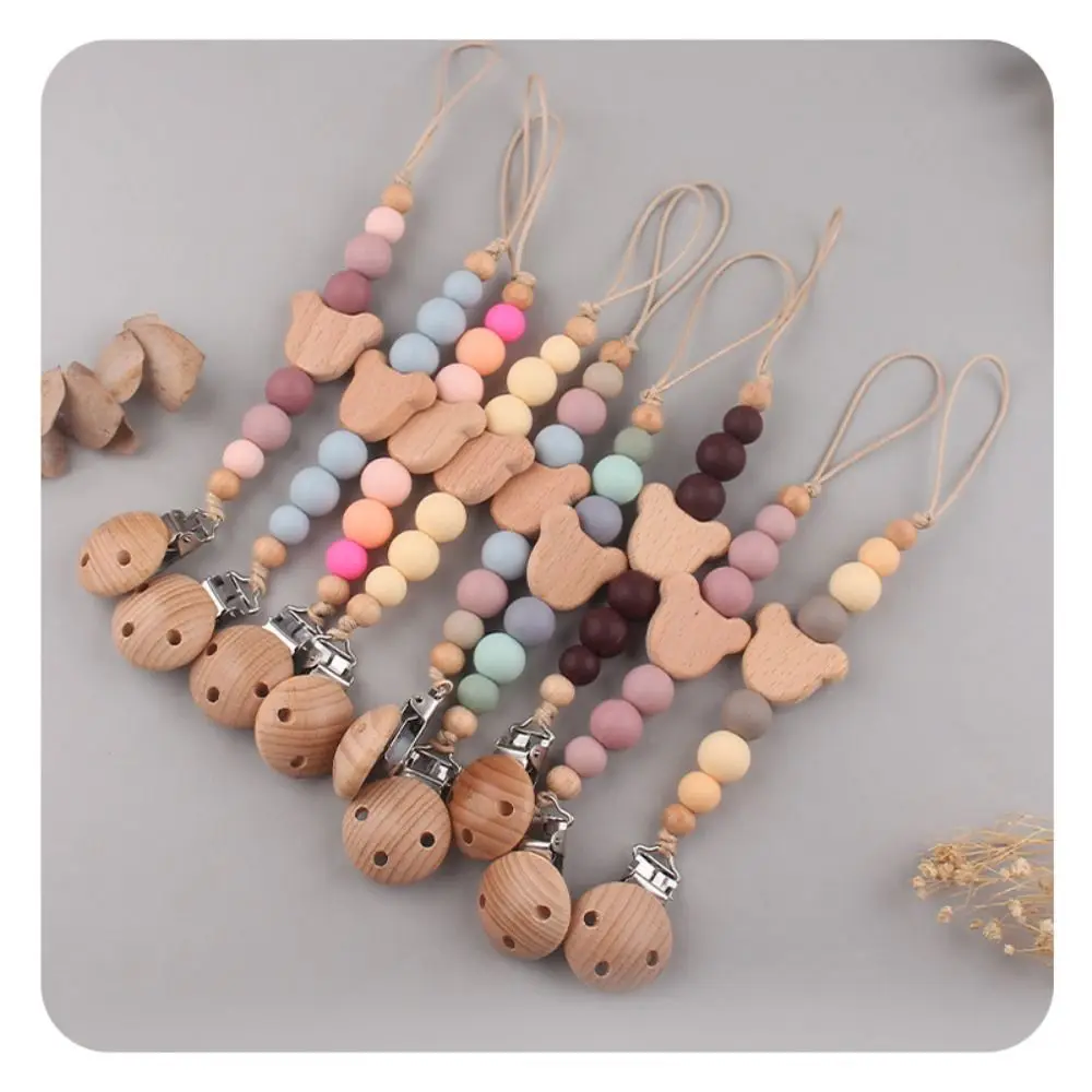 

Colorful Wooden Baby Pacifier Chains Silicone Bead Anti-Drop Nipple Holder Personalized Pacifier Clips Infant