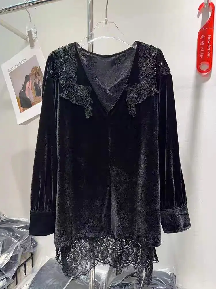 New In 2024 Autumn Lace Embroidery Sequined Beaded Stitch Velvet Shirts Blouses Women\'s Loose Casual Fashion Top Blusas