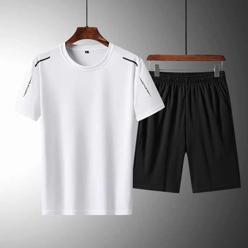 Men Fitness Suit Men's Summer Mesh Outfit Set Quick-drying Short Sleeve T-shirt Elastic Waist Drawstring Shorts Loose Sportswear