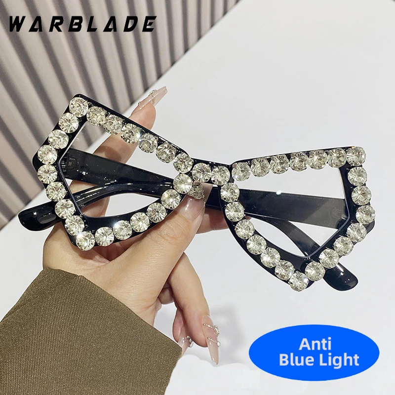 New Hip Hop Anti Blue Light Glasses Women Butterfly Glasses Fashion Optical Diamond Studded Ornamental Oversize Frame Eyeglasses