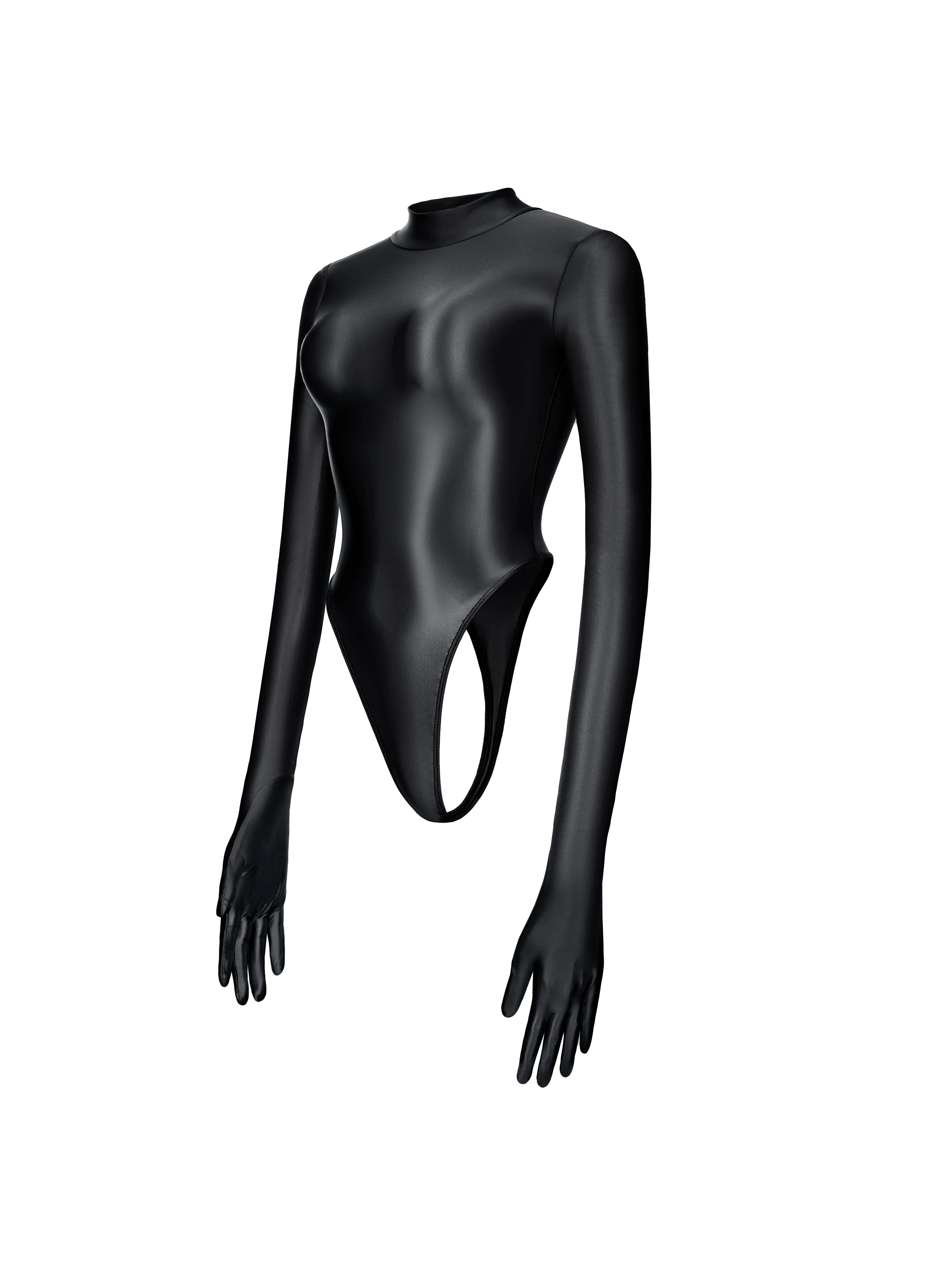 

Женское боди-стринги с высоким вырезом, эластичное, моделирующее, из блестящего атласа, прозрачное, с рукавами-перчатками (пять пальцев) и молнией на спине