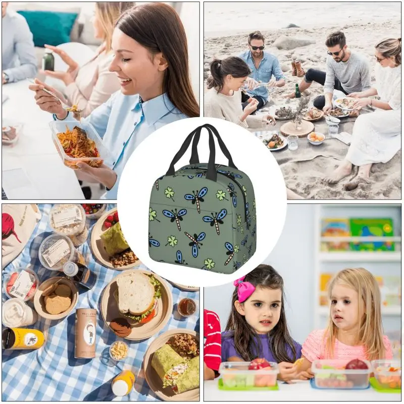 Bolsa de almuerzo con patrón de libélula, bolsa bento aislada engrosada, adecuada para estudiantes de oficina, hombres y mujeres