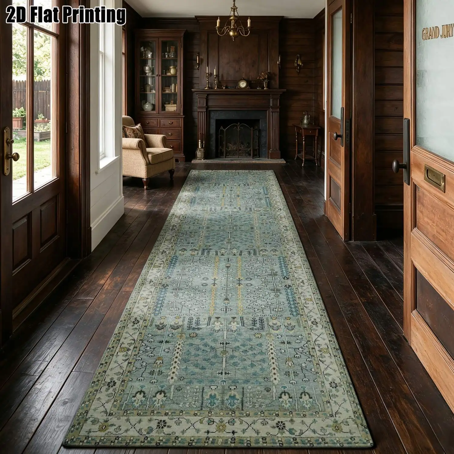 1Pc 2D Printed Long Strip Rug with Blue-Green Geometric Patterns Nordic, Instagram, Modern Minimalist, European, Vintage Style, Ideal for Home Decor, Multiple Sizes, Machine Washable, Perfect for Entryway, Hallway, Living Room, Bedroom.