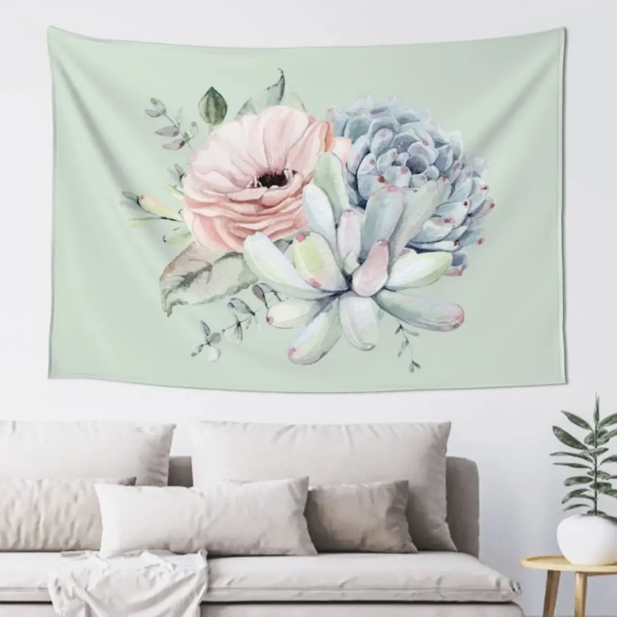 Popular Succulents Mint and Blue on White Desert Succulent Design Tapestry Wall Decorations House Decorations Tapestry