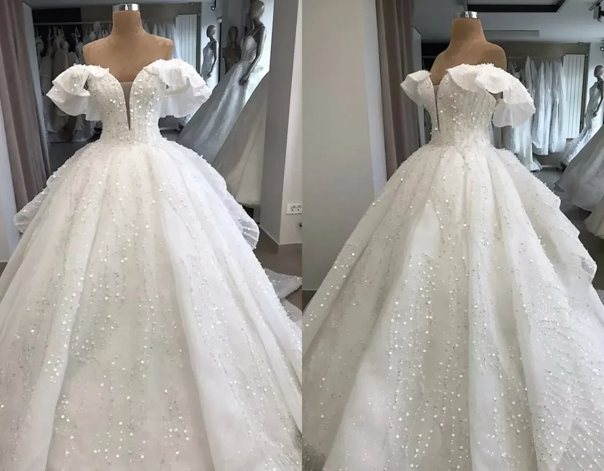 Customized  Ruffles Off The Shoulder Shinny Crystals Pearls Wedding Dresses Sweep Train Sweetheart Arabic Vintage Bridal Gown