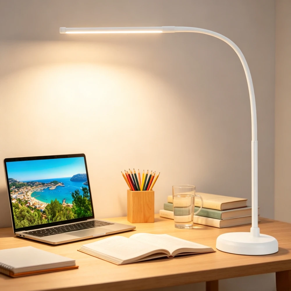 可動式アーム付きledデスクランプ。3つのカラーモードを備えたフレキシブルなグースネック式で、usbアダプター付属。読書、仕事、勉強に最適なタスクランプ。