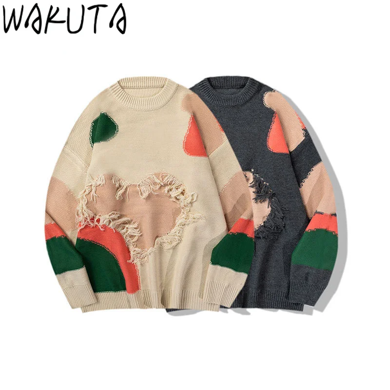 WAKUTA Streetwear Harajuku New Sweaters Tassel Painting Heart Couples Tops Autumn Winter 2024 Casual O Neck Loose Knit Pullovers