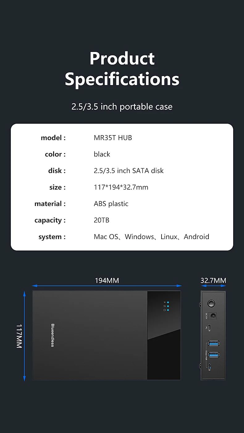 Blueendless 2,5/3,5 Zoll HDD/SSD-Gehäuse mit USB3.0-HUB, Unterstützt 18TB, Typ-C-zu-SATA-Adapter, Werkzeugfreies HDD-Gehäuse mit 12V-Stromadapter – Detail 16