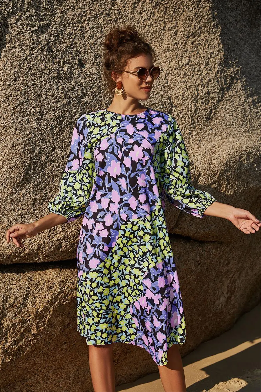 Mode Damesjurk Dames Casual O-hals Driekwart Mouw Feestjurk Met Bloemenprint Losse Knielengte Jurken Meisjes Vestidos