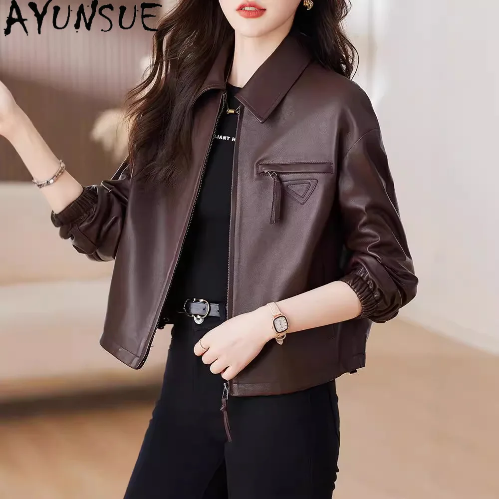 AYUNSUE 本革ジャケット女性のための 2025 黒リアルシープスキンレディースバイクジャケット春秋服ルーズフィット