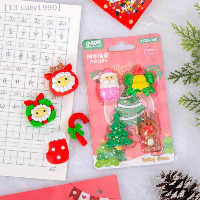 4 Pcs/set Cute Cartoon Santa Claus Reindeer Erasers Kawaii Aesthetic Stationery Kids Eraser Set Student Reward Christmas Gifts