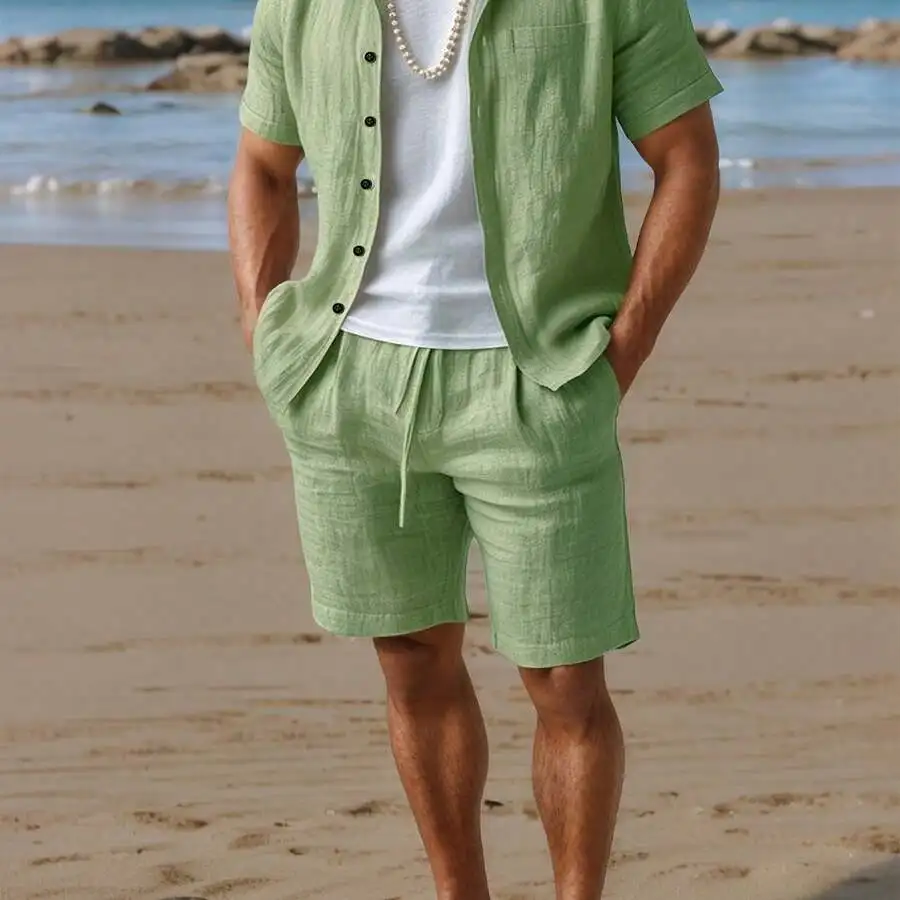 

[Quick Dry, Men's Casual Set] Quick Dry Men's Casual Summer Woven Short Sleeve T-Shirt & Shorts Set | Solid Color Drawstring