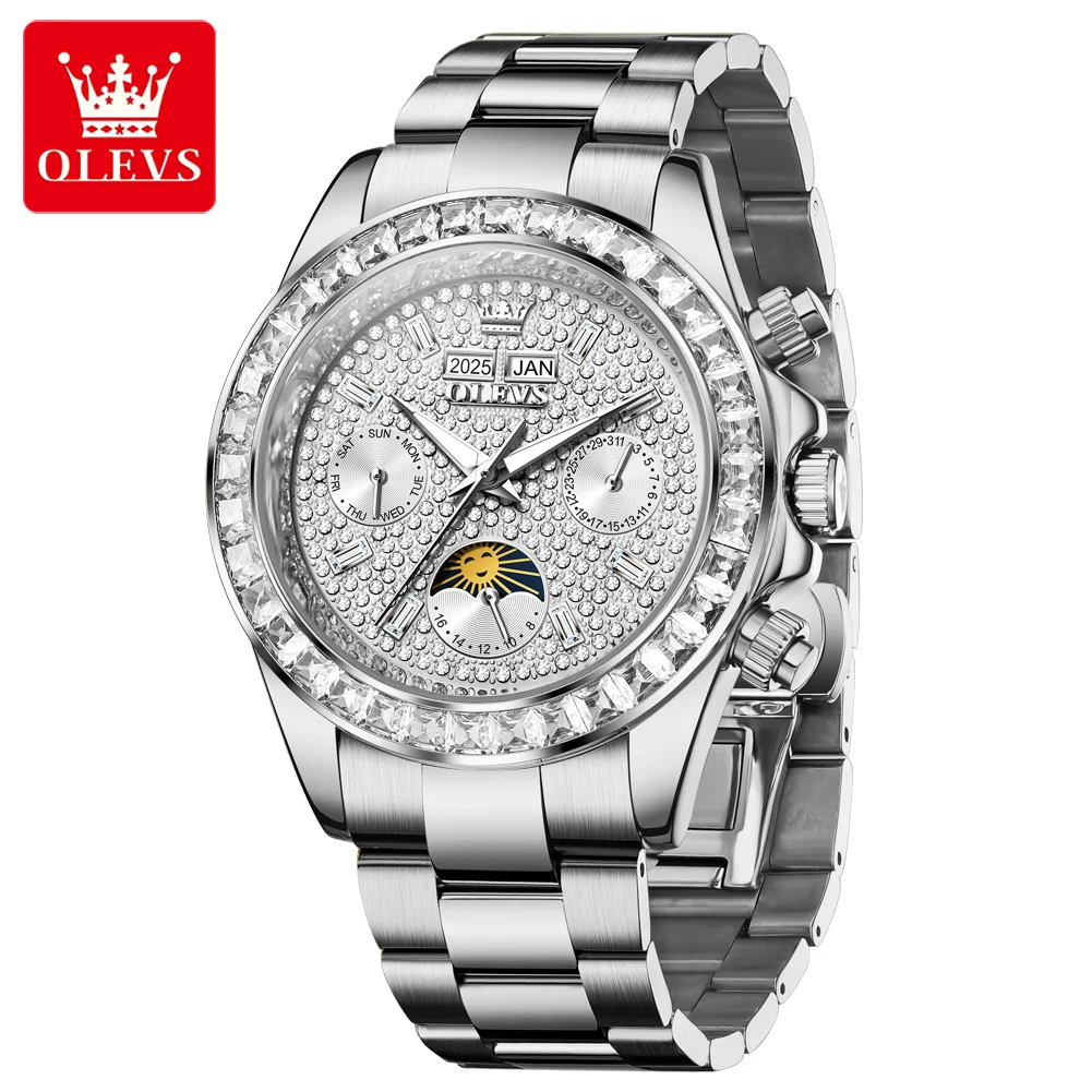 OLEVS 7038 reloj automático para hombre completamente diamante fase lunar reloj mecánico para hombre calendario Original resistente al agua relojes de pulsera para hombre