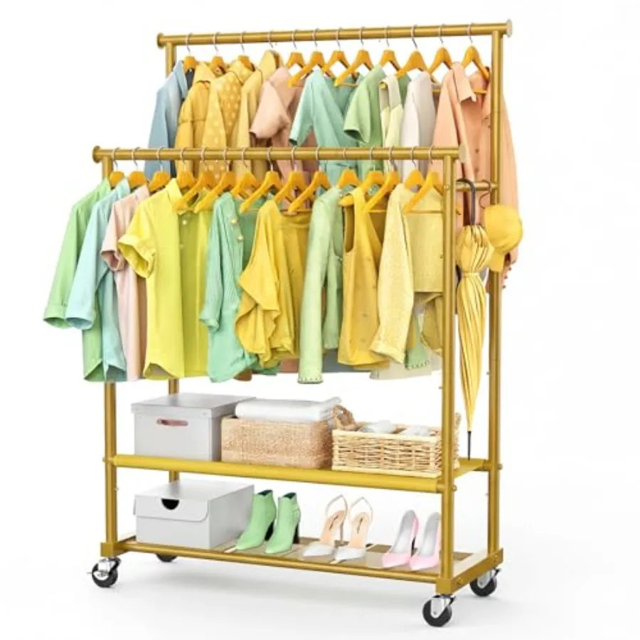 

Double Rods Clothes Rack for Hanging Clothes, Heavy Duty Rolling Clothing Rack with Wheels, Freestanding Garment Racks with Oxf