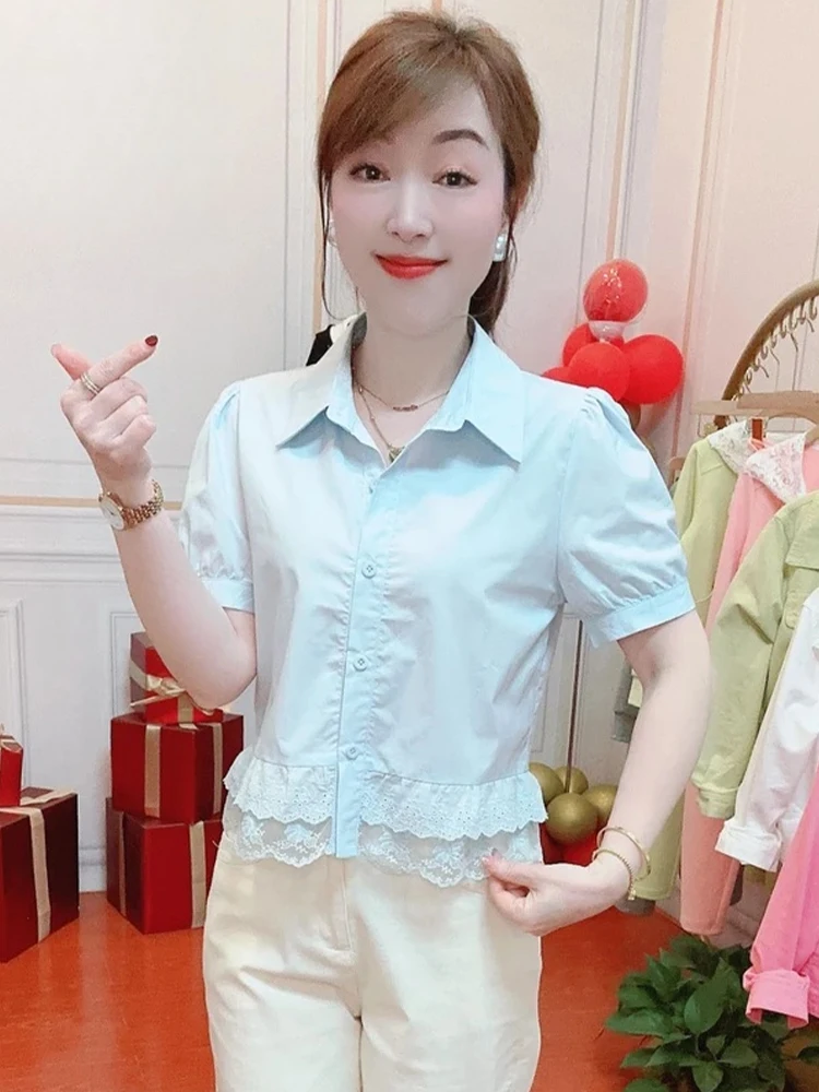 

Slimming Pure Color Lace ort Sve Collar irt Women's Faionable Summer Patchwork Cotton Top Korean Sle Commute ...