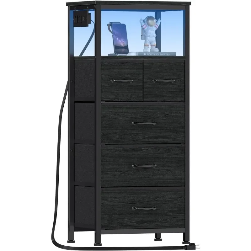 

Black Dresser for Bedroom with Charging Station and LED Lights, Vertical Chest of Drawers with 5 Fabric Bins and Shelf Wood Top