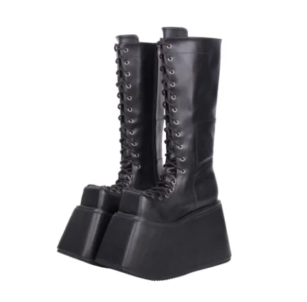 

Черные женские ботинки до середины икры на платформе в стиле панк с квадратным носком, туфли большого размера на танкетке и очень высоком каблуке с крючками и петлями