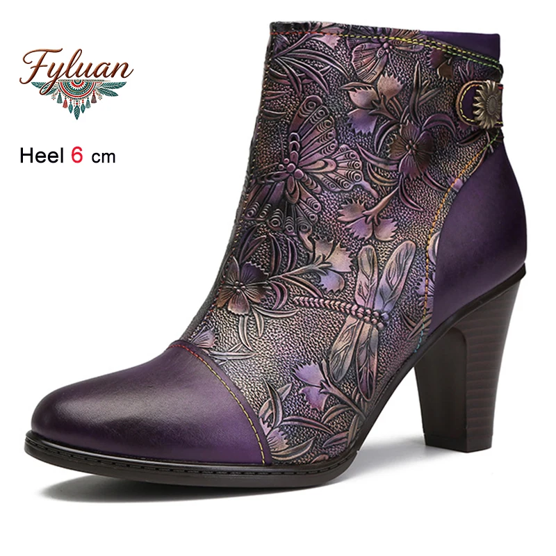 

Autumn Winter Retro Embossing Genuine Leather Women Mid-Calf Boots Thick Heels Side Zipper Buckle Ladies Pumps Short Boots Sho