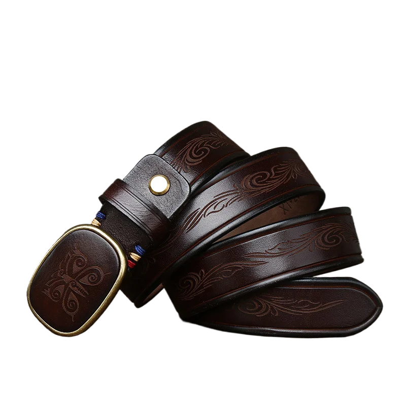 レトロで多用途なレーザー彫刻模様のトレンディなスムースバックルレザーベルト