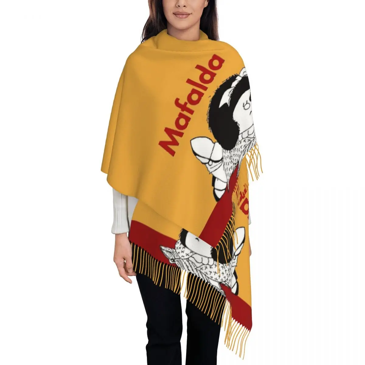 

Amine Mafalda Scarf for Women Winter Fall Cashmere Shawl Wrap Kawaii Cartoon Long Large Scarves with Tassel Daily Wear