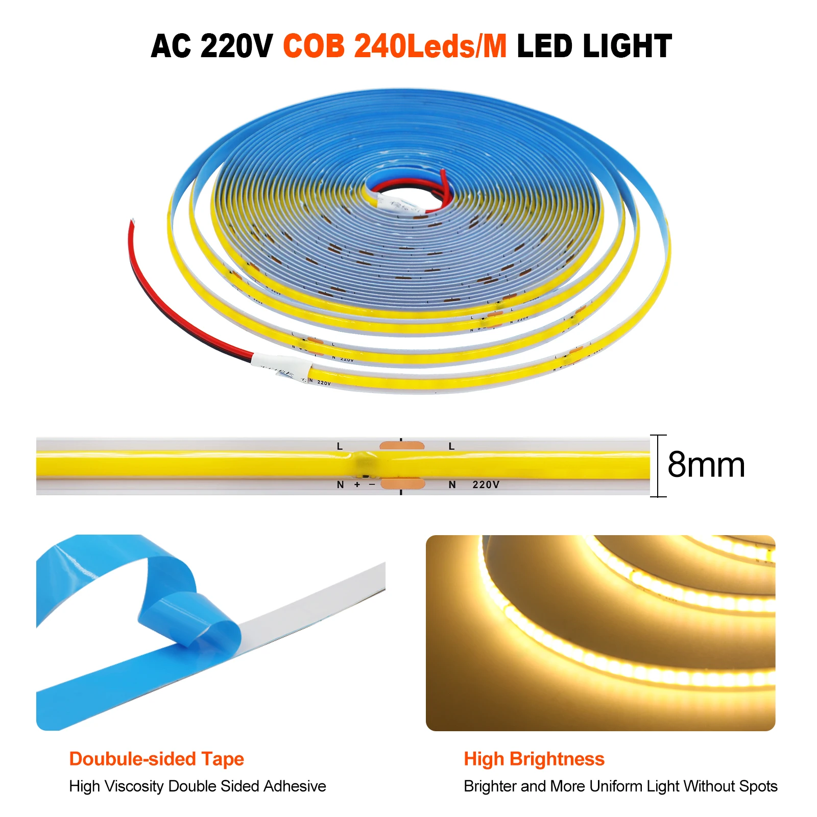 Tira de luces LED COB de 220V, 5m, 10m, 15m, 20m, 50m, RA90, alto brillo, 240 LED/m, 8mm, PCB, cinta Flexible, iluminación lineal, blanco Natural cálido