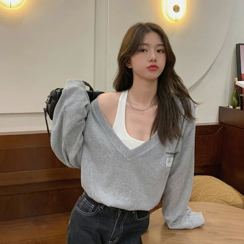 Palsu dua Hoodie pakaian wanita lengan panjang V-neck kasual Fashion Y2k atasan 2023 Ropa Mujer Off Shoulder Korea Y2k kaus