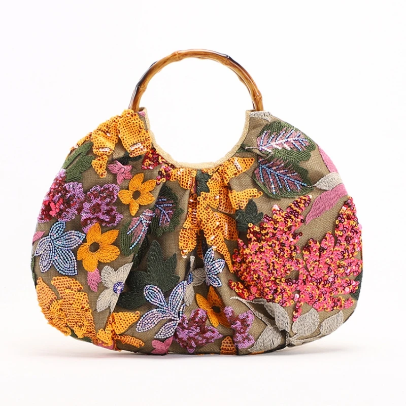 

Fashionable Bamboo Handle Sequin Design Handbag for Women 2026 Net Fabric and Flower-patterned Ideal for Beach Vacation