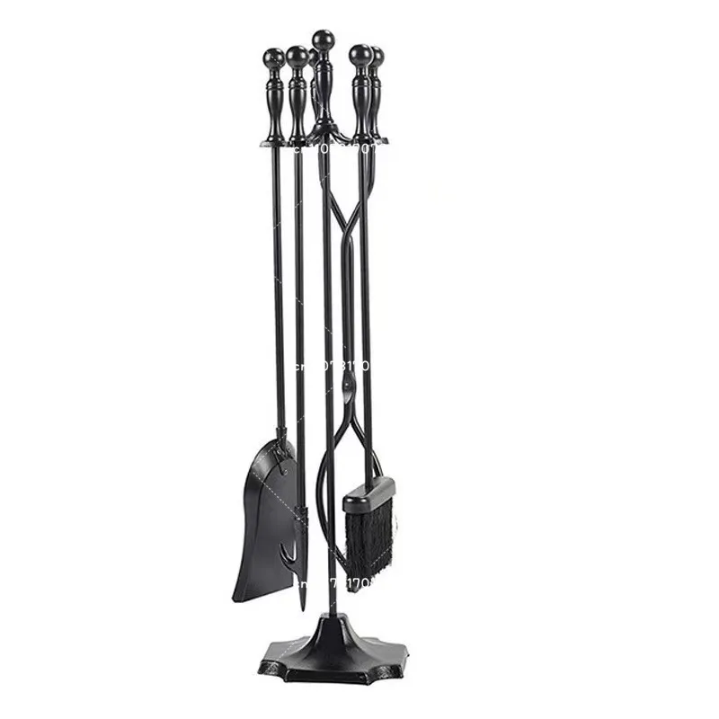 Zestaw narzędzi do czyszczenia kominka: szufelka, miotła, szufelka do kurzu, szczypce, narzędzia dedykowane do kominka, wysoka jakość, ciężkie żelazo, 5 sztuk.