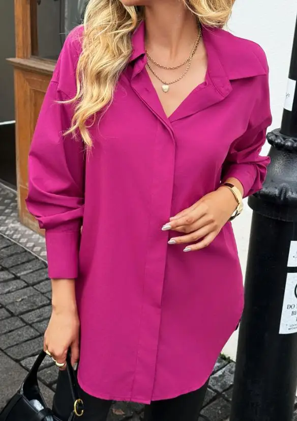 Autumn New Solid Color Lapel Simple Loose Long Sleeved Shirt for Women, Elegant Rose Red Fashionable Slim Fit Commuting Shirt