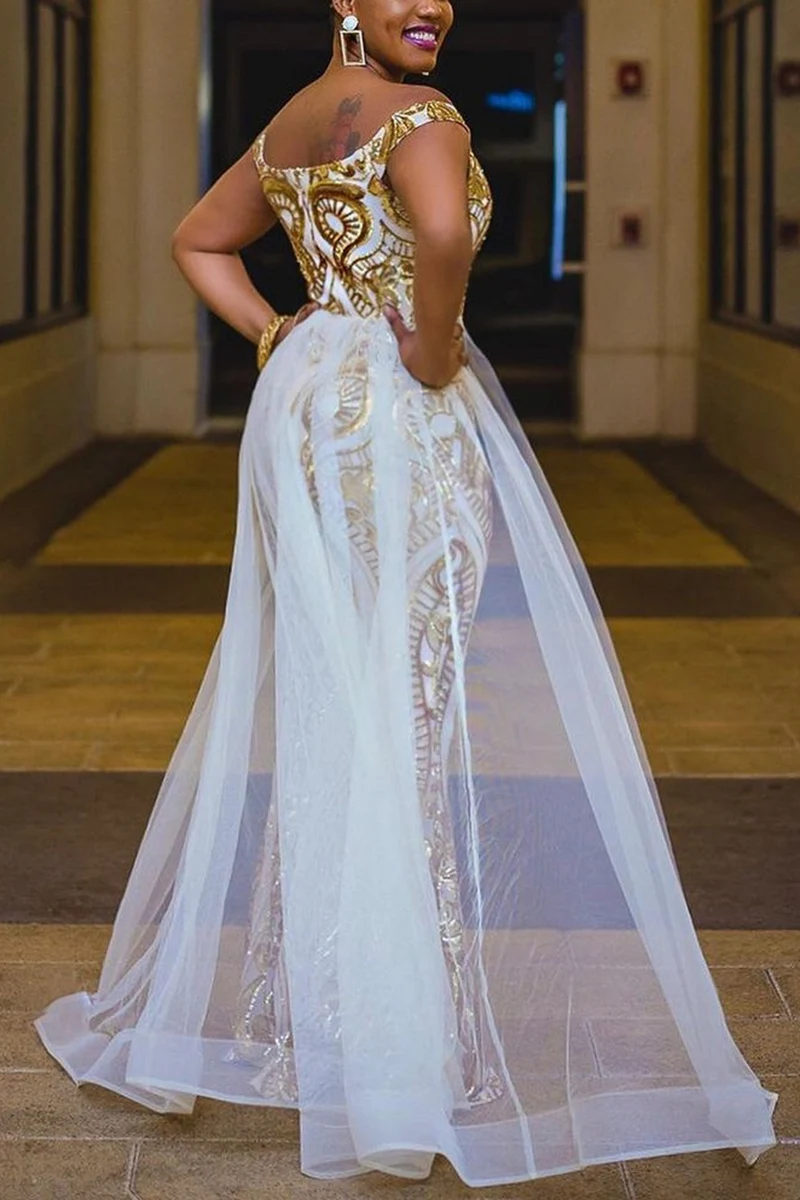 Plus Size Formal Wedding Royal Appliques Off The Shoulder Tulle Mermaid Sweep Maxi Dress