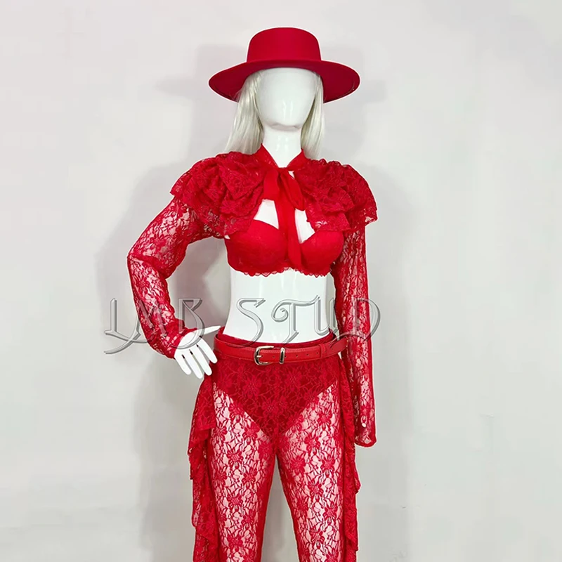 Women Stage Show Costume Red Lace Performance Suit Sexy Top Pants Set Gogo Dancer Outfits Nightclub Party Rave Clothing VDL4670