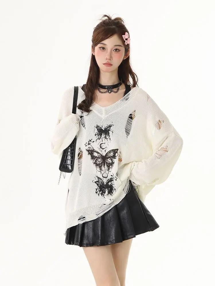 HOUZHOU Y2k Gothic Ripped  Sweater Women Butterfly Harajuku Knitted Pullovers Korean Vintage Long Sleeve T-shirts Clothes Casual