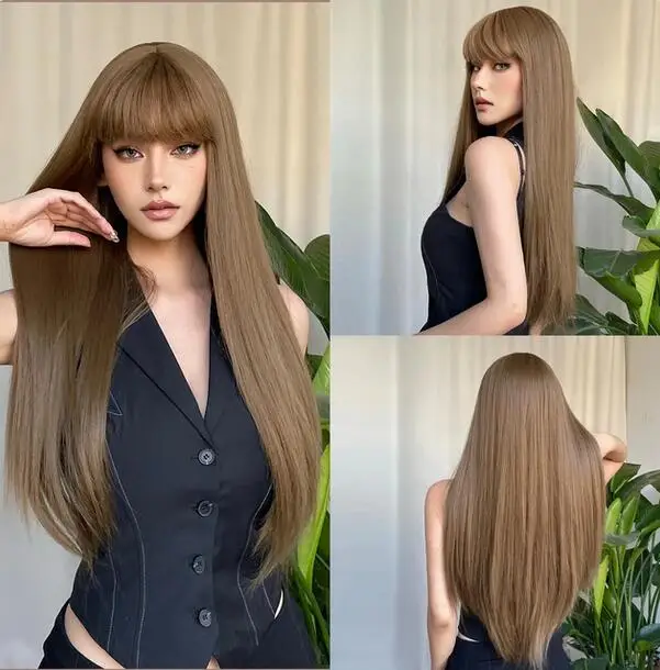 Wig sintetis lurus panjang rambut cokelat muda dengan poni Wig coklat alami untuk wanita putih tahan panas pesta Cosplay harian