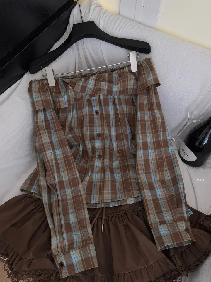 

Korean Sle Women's Autumn irt Design One oulder Waist Cinched Cheered High Waist Flared ort Skirt Ensemble