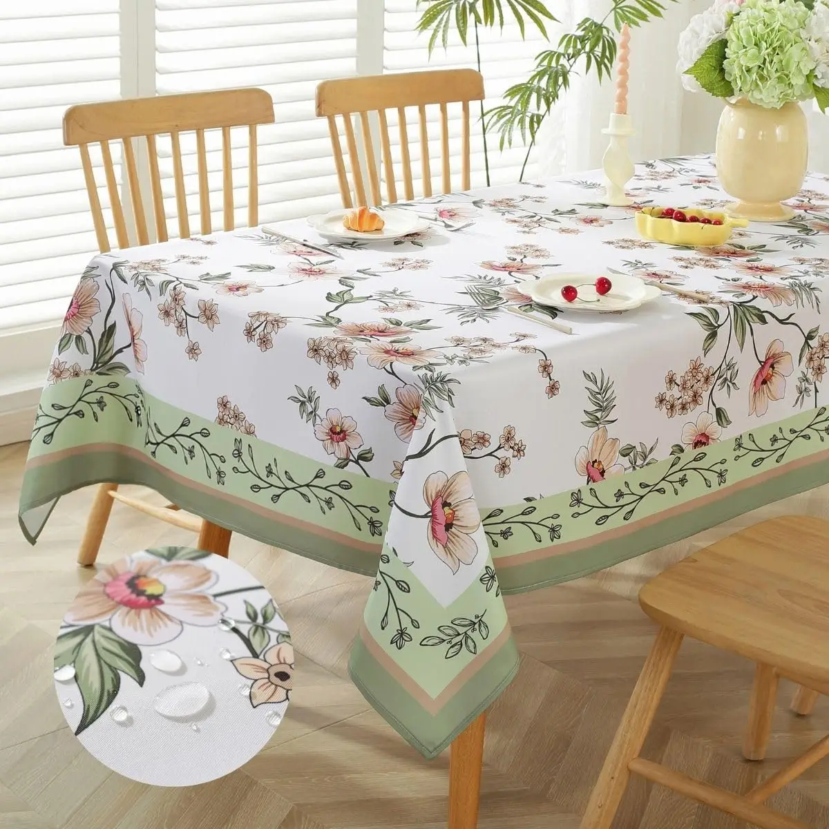 Spring Cherry Blossom Sage Waterproof Tablecloth Wedding Party Decor Washable Rectangle Table Cloth Outdoor Picnic Table Decor